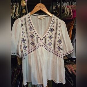 Nurture White and Purple Embroidered Blouse